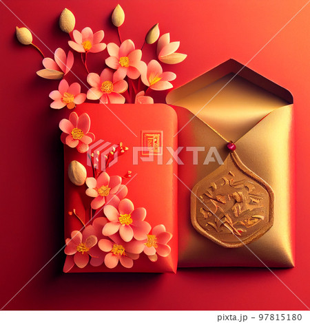 Chinese New Year Red envelopes, gold ingots, oranges, and Chinese blossom flowers on red background Chinese New Year Red envelopes, gold ingots, oranges, and Chinese blossom flowers on red background 97815180