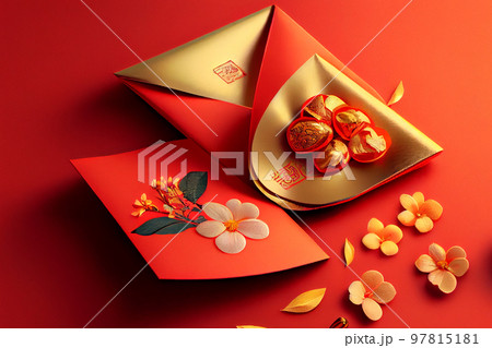 Chinese New Year Red envelopes, gold ingots, oranges, and Chinese blossom flowers on red background 97815181