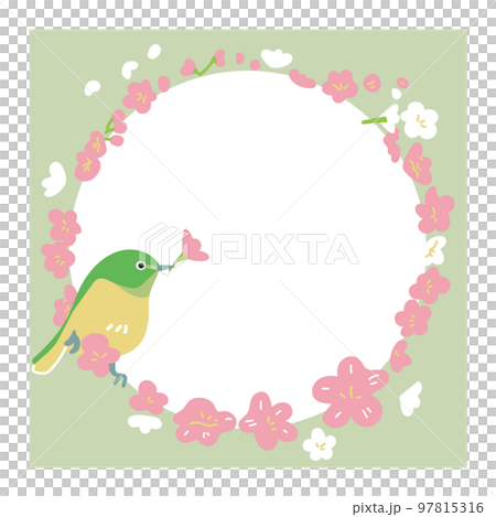 Sakura flowers and Japanese white-eye illustration material fringed in a circular shape 97815316