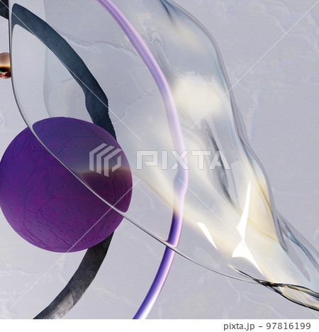 Flying abstract figures. Cloth fabric gradient waves abstract background. Iridescent glass wavy surface. Liquid surface, ripples, reflections. 3d render illustration. 97816199