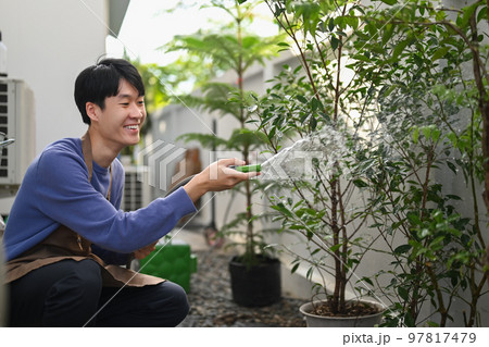 Man watering plants from hose, taking care of plants in garden. Gardening hobby concept 97817479