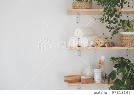 Bathroom wooden shelves eco friendly body care tools with potted plant neatly arrangement storage Bathroom wooden shelves eco friendly body care tools with potted plant neatly arrangement storage 97818142