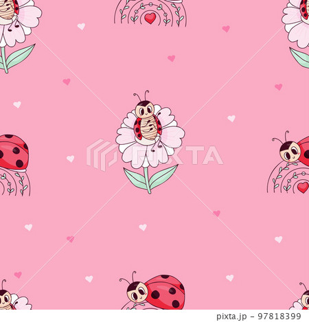 Seamless pattern with ladybug on flower and on rainbow on pink background with hearts. Vector illustration. Endless background for kids collection, valentines day, decor, design, packaging, wallpaper. 97818399