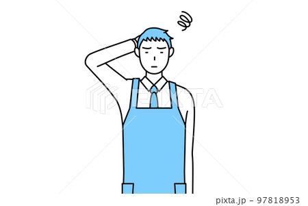 困って頭をかくエプロンを着た男性 97818953