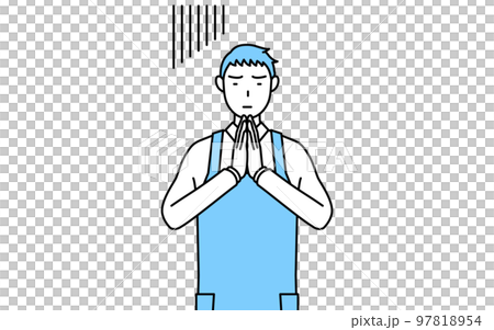 体の前で手を合わせて謝るエプロンを着た男性 97818954