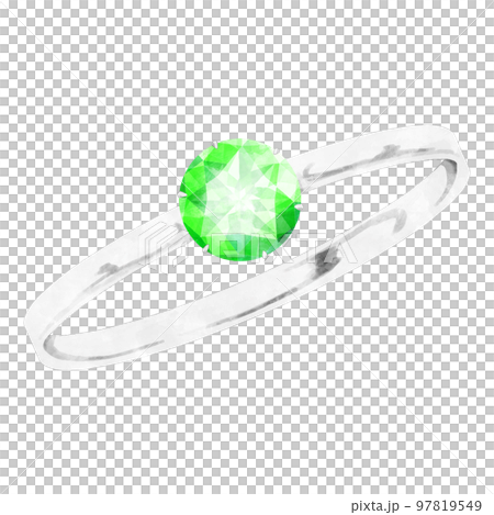 緑の指輪のジュエリー　ラウンドブリリアントカットの水彩イラスト 97819549