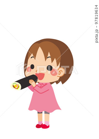 恵方巻を食べている可愛い小さな女の子のイラスト　全身　白背景　ベクター　人物　節分 97819634