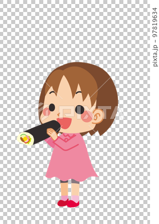 恵方巻を食べている可愛い小さな女の子のイラスト　全身　白背景　ベクター　人物　節分 97819634