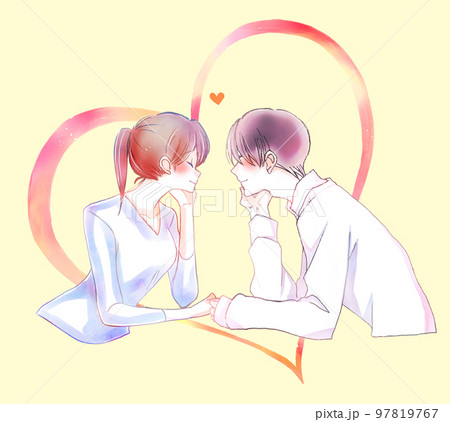 向かい合う笑顔の男女　恋愛 97819767