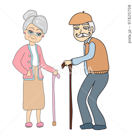 elegant old couple on a walk - doodle isolated illustration 97820708