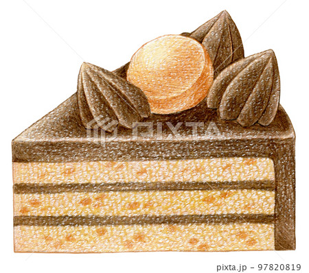 カットしたチョコレートケーキの色鉛筆画ワンポイント カットしたチョコレートケーキの色鉛筆画ワンポイント 97820819