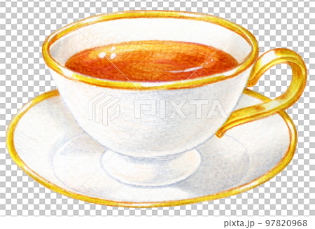 紅茶の色鉛筆画ワンポイント　金縁付きの白いカップとソーサー 97820968