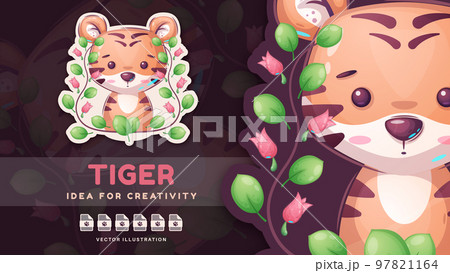 Sticker cartoon character adorable tiger, pretty animal idea for print t-shirt, poster and kids envelope, postcard. Cute hand drawn style tiger. 97821164