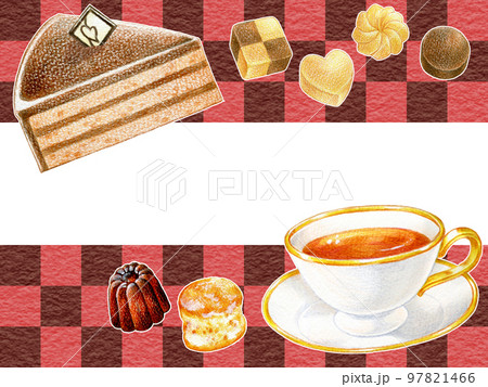 ケーキと紅茶とお菓子の市松柄背景フレーム 97821466