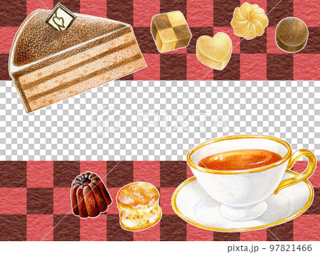 ケーキと紅茶とお菓子の市松柄背景フレーム 97821466