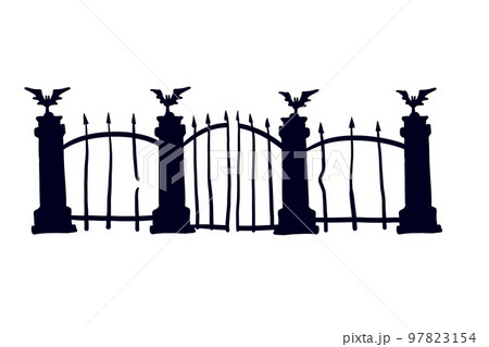 Old fence of cemetery. Halloween decoration. Black silhouette of gloomy wall. 97823154
