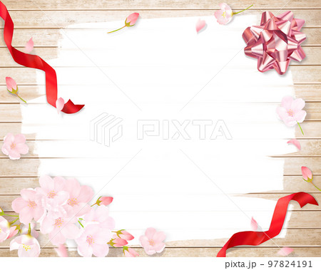 薄いピンク色のかわいい桜とリボン飾りー木目のボード白いペンキの塗りあとフレーム背景素材 97824191