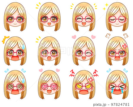 かわいい金髪眼鏡ギャルのちびキャラ顔アイコンイラスト素材 97824781