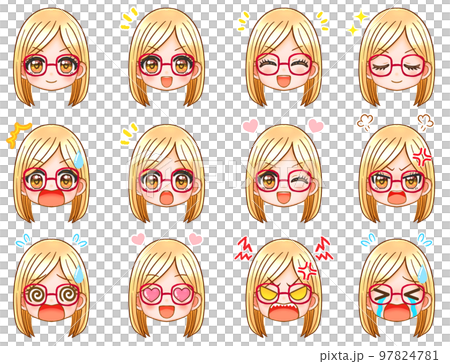 かわいい金髪眼鏡ギャルのちびキャラ顔アイコンイラスト素材 97824781