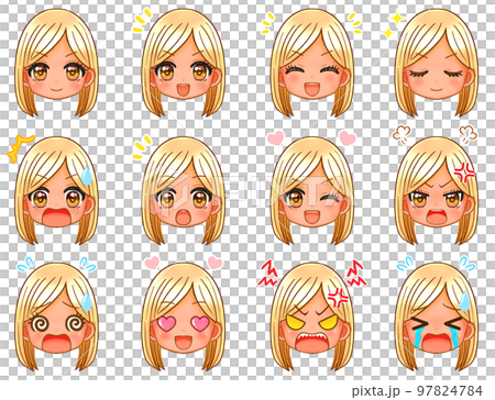 かわいい金髪黒ギャルのちびキャラ顔アイコンイラスト素材 97824784