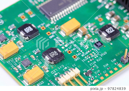 Computer printed circuit board with electronic components. Circuit board. Electronic computer hardware technology. Tech science background. Integrated communication processor. Computer printed circuit board with electronic components. Circuit board. Electronic computer hardware technology. Tech science background. Integrated communication processor. 97824839