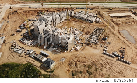 Construction of apartment buildings in Belarus. Drone view. 97825264