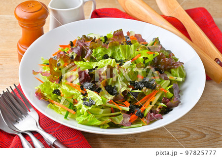 ドレッシングはかけていません。チョレギサラダ、韓国風サラダ、サニーレタスのサラダ。 97825777