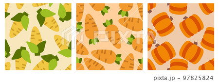 Vegetable seamless pattern set. Carrot, corn and pumpkin. Design elements for baby textile or clothes. Food print for curtain. Vector illustration 97825824