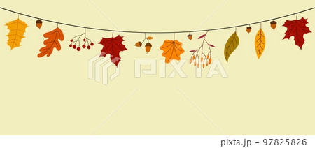 Hello Autumn concept colorful leaves. Autumn leaves decoration garland. Autumn leaves banner for seasonal promotion. Vector illustration 97825826