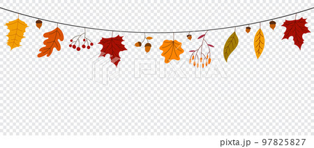 Hello Autumn concept colorful leaves. Autumn leaves decoration garland. Autumn leaves banner for seasonal promotion. Vector illustration 97825827