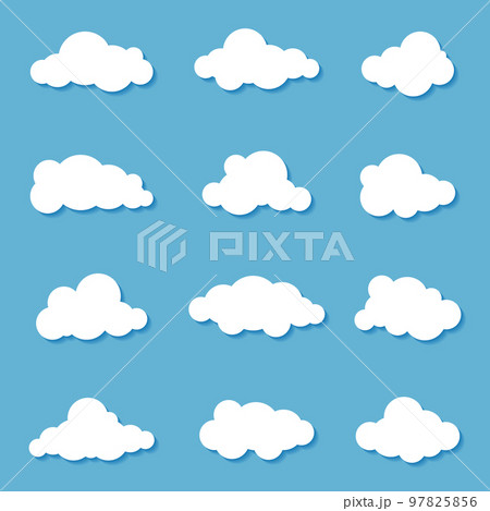 Different clouds on blue sky in origami design. Collection of white paper cut out cloud icons. Paper cloud. Weather symbols. Vector illustration 97825856