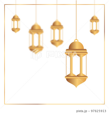 Oriental lamps. Arab lanterns hang on gold chains. Isolated realistic decorative lighting. Ramadan vector banner. Illustration lantern and lamp light muslim 97825913