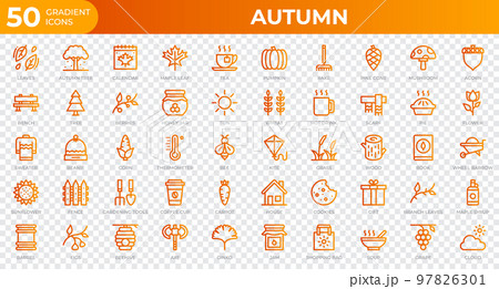 Set of 50 Autumn icons in gradient style. Leaves, berries, sweater. Gradient icons collection. Vector illustration Set of 50 Autumn icons in gradient style. Leaves, berries, sweater. Gradient icons collection. Vector illustration 97826301