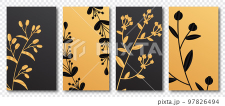 Set of tropical cover design with berry branch and golden leaves. Holiday black and gold pattern. Vector illustration 97826494