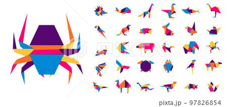 Colorful origami animals. Abstract polygon animals. Folded paper shapes. Vector animal icons set. Origami. A set of origami. Vector illustration 97826854