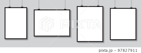 Set of mockups hanging on the wall. Vector poster mockup with white frame. Realistic empty banner. Vector illustration 97827911