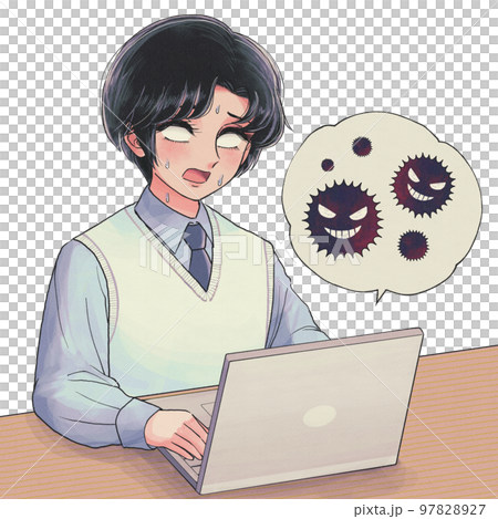 一名高中生的計算機感染病毒時驚慌失措的插圖 一名高中生的計算機感染病毒時驚慌失措的插圖 97828927