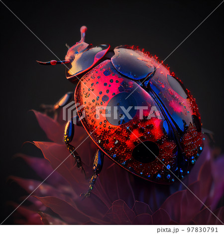 Closeup red ladybug on red flower blossom. (Created with Generative AI technology) Closeup red ladybug on red flower blossom. (Created with Generative AI technology) 97830791