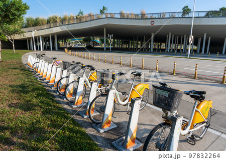 Taichung City, Taiwan - November 28, 2022 : Ubike ( YouBike ) station at Taichung Central Park. Xitun District Shuinan Economic and Trade Area. Taichung City, Taiwan - November 28, 2022 : Ubike ( YouBike ) station at Taichung Central Park. Xitun District Shuinan Economic and Trade Area. 97832264