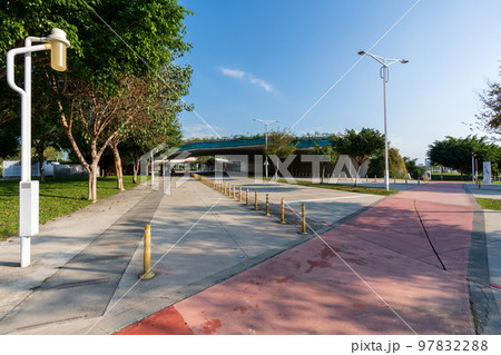Taichung City, Taiwan - November 28, 2022 : Taichung Central Park Sidewalk and Bridge. Xitun District Shuinan Economic and Trade Area. Taichung City, Taiwan - November 28, 2022 : Taichung Central Park Sidewalk and Bridge. Xitun District Shuinan Economic and Trade Area. 97832288