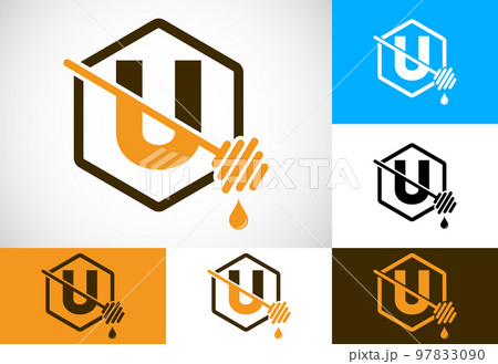 Initial letter U with honeycomb bees logo design vector illustration. Honey logo font emblem Initial letter U with honeycomb bees logo design vector illustration. Honey logo font emblem 97833090