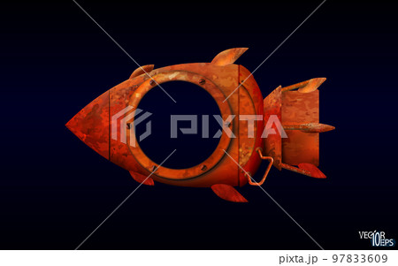 Flying rusty rocket photo frame, isolated. Cartoon 3d old spaceship. Vector illustration 97833609