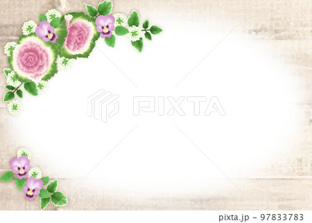 紫の葉牡丹とパンジーのアンティーク木目フレーム 97833783