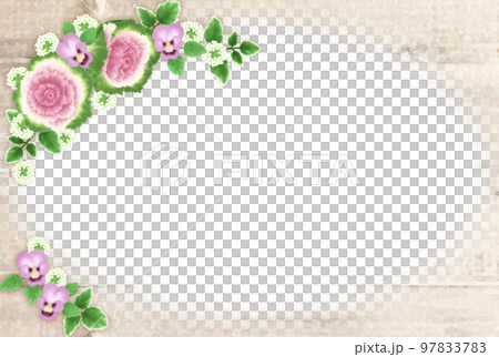 紫の葉牡丹とパンジーのアンティーク木目フレーム 97833783