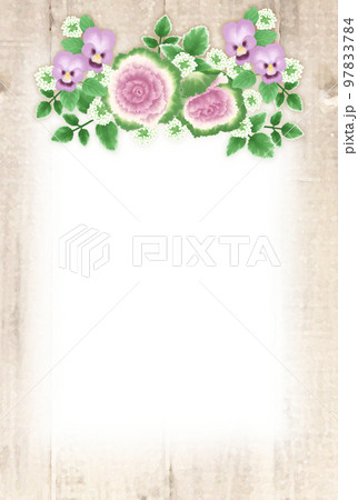 紫の葉牡丹とパンジーのアンティーク木目フレーム縦 97833784