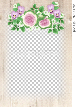 紫の葉牡丹とパンジーのアンティーク木目フレーム縦 97833784