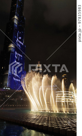 Dubai, United Arab Emirates. View of Burj Khalifa at night time. UAE. Dubai, United Arab Emirates. View of Burj Khalifa at night time. UAE. 97835983