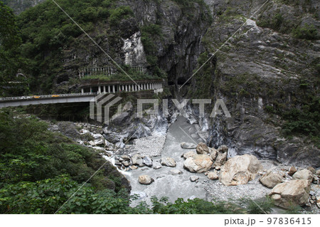 Dark river in taroko national park after rain storm in taiwan. Dark river in taroko national park after rain storm in taiwan. 97836415