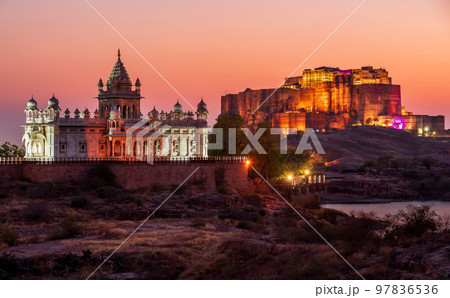 Mehrangharh Fort and Jaswant Thada mausoleum at sunset, Jodhpur, Rajasthan, India 97836536