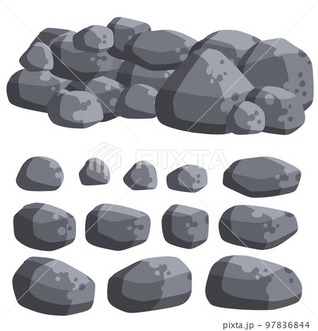 Stack of flat stone rock set. Different grey boulders. Pile of broken debris 97836844